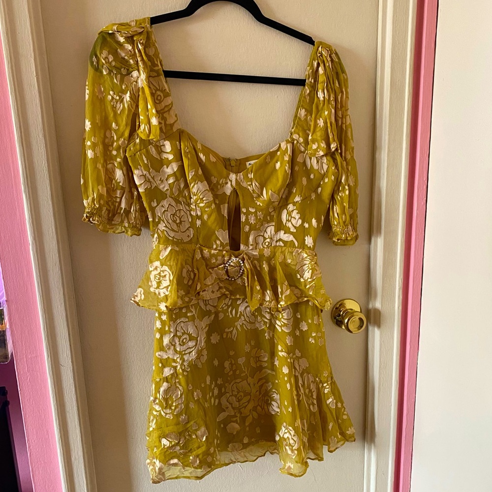 For Love and Lemons Yellow Floral Velvet Mini Dress w Keyhole and Buckle